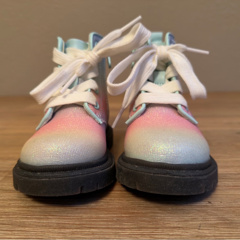 Cat & Jack Combat Boots Amaya Toddler Girls Sz 7 Rainbow Glitter Lace Up - Picture 8 of 12